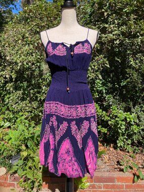 90's Vintage Strappy Midi Dress - Free Size, Boho Batik Pattern